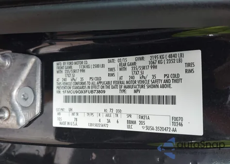 2015 Ford Escape Se from USA, damaged, VIN 1FMCU9G93FUB73809
